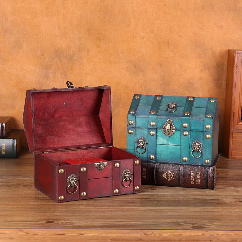 Vintage Wooden Jewelry Box with Lock - Desktop Retro Storage and Treasure Chest
