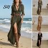 Elegant Shirt Style Dress Women's Boho Maxi with Belt Button Down Deep V Neck Flowy High Slit Long Vintage Sleeve Western Cowgirl Bohemian