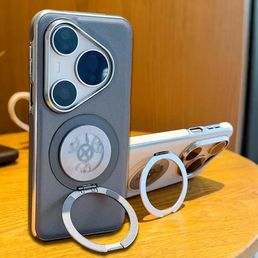 Huawei Pura 80 Ultra 80 Pro + Mate 70 Pro 60 Protect Cover Leather Plated Bezel Unzip Gear Metal Swivel Bracket Phone Case