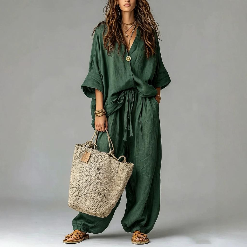 1116 Popular Women's Clothing Autumn and Winter New Casual Loose Wind Large Flanged Middle Sleeve Drawstring Set