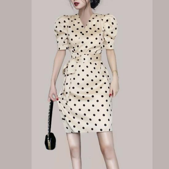 2021 Summer Women's Luxury Slim Puff Sleeve Polka Dot Slit Dress