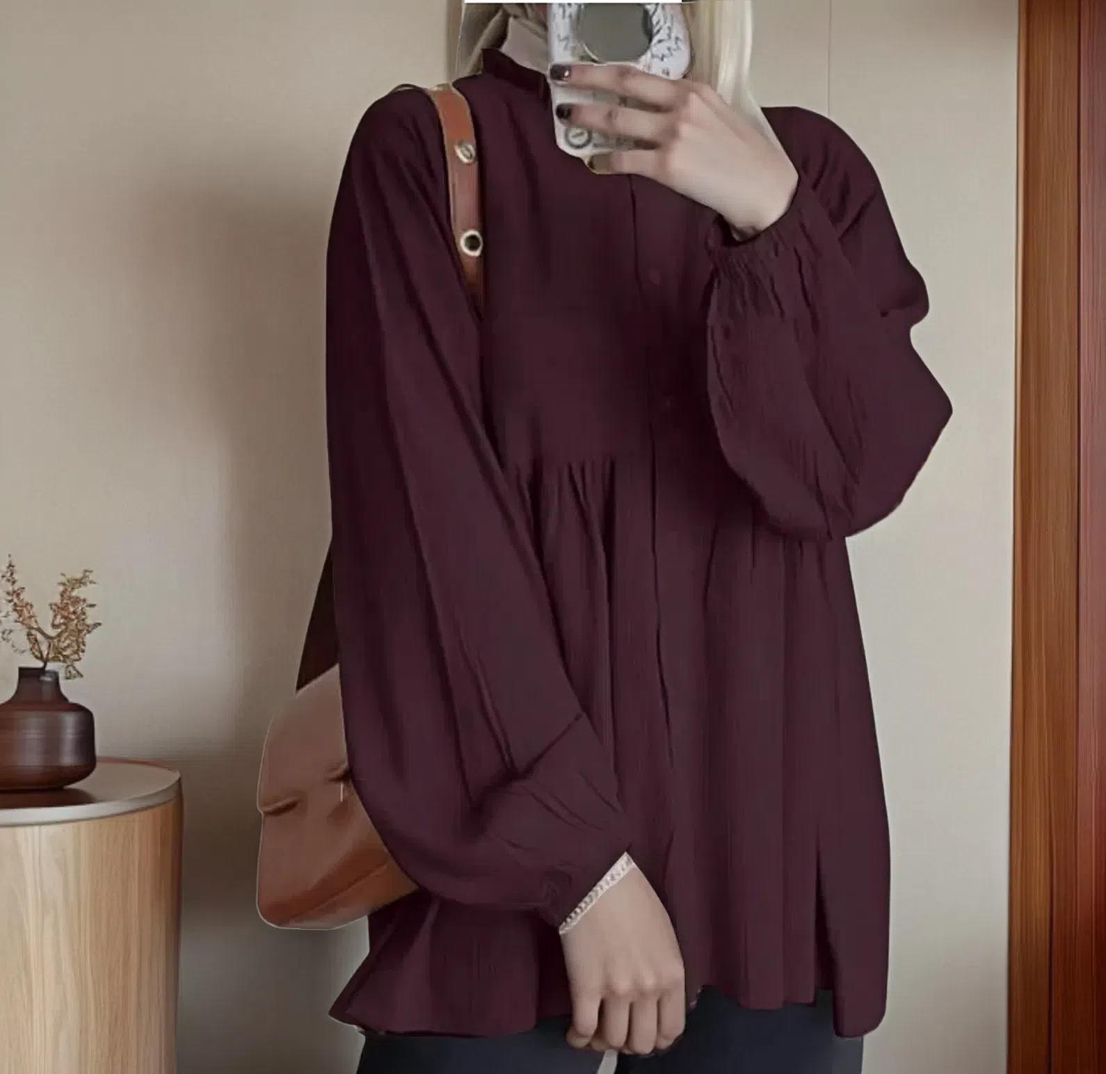 

2023 Women s Loose-Fit Lantern Sleeve Cardigan - Solid Color, Ruffle Round Neck Versatile Top (In Stock) M темно-червоний колір