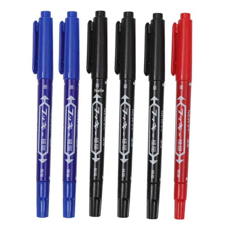 6 Pcs Permanent Waterproof Double-ended Marker Pen 0.5mm-1mm Fine Point Nib Marker Pen Red Black Blue Ink