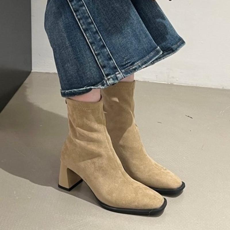 Fashionable New Square Head Sexy Suede Casual Work Boots for Winter Comfortable Zipper Banquet Elegant High Heels Women's Boots