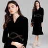 Autumn Winter Women Vintage Black Beading Chain Velvet Party Dresses