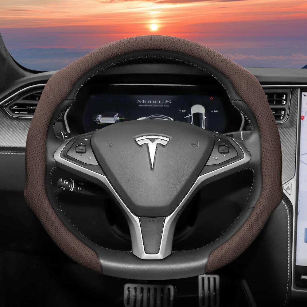 Geeignet für Tesla Perforierte Lederlenkradabdeckung, Rutschfest, Schweißabsorbierend, Atmungsaktiv, Integrierte Snap-On Schutzhülle für Modell 3 Y S