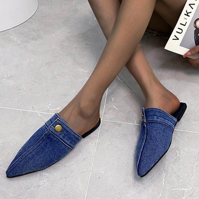 Pantoufles en Denim de Créateur Mode Été Pointues Luxe Bouton Métal Chaussures Plates pour Dames Sandales Décontractées d'Extérieur Plage