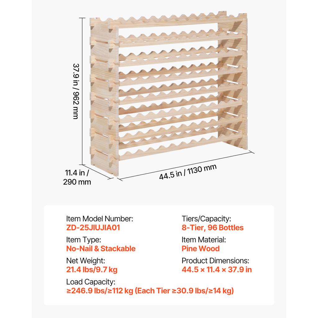 SucceBuy 96 Bottle Stackable Modular Wine Rack 8-Tier Floor Freestanding Wine Storage Rack For Kitchen Cellar and Bar Natural