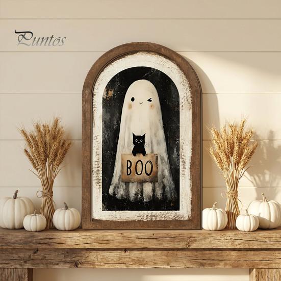 Cute Ghost Arch Shaped Sign Halloween Wall Decor, Table Sign, Vintage Framed Fall Season Decorative Accent Picture, Art for Mantel Living Room Bedroom