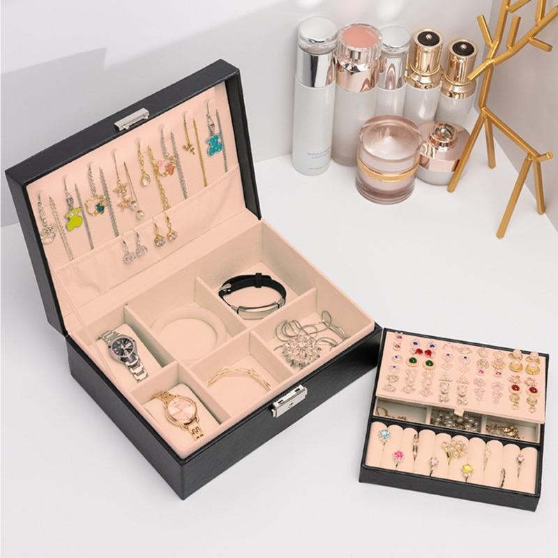 Elegantes Schmuckkästchen mit doppelter Schicht, tragbare Aufbewahrungsbox aus PU-Leder, geeignet für Ringe, Ohrringe, Armbänder und Halsketten