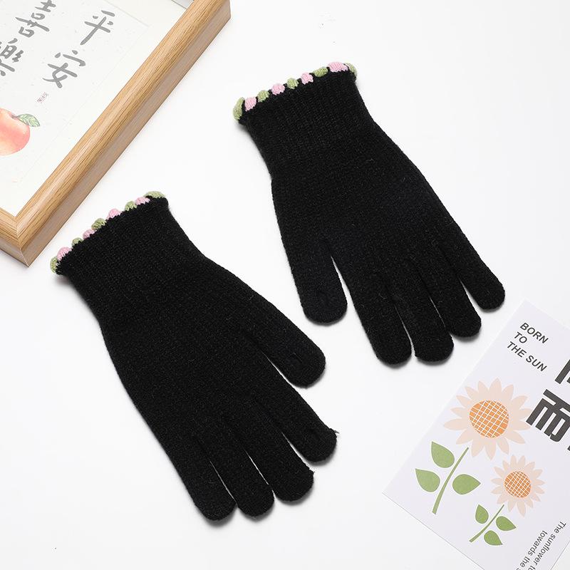 Women s Winter Solid Color  Little Sugar Bean  Knitted Gloves - Fingerless Touchscreen-Enabled Warm Windproof for Cycling чёрный