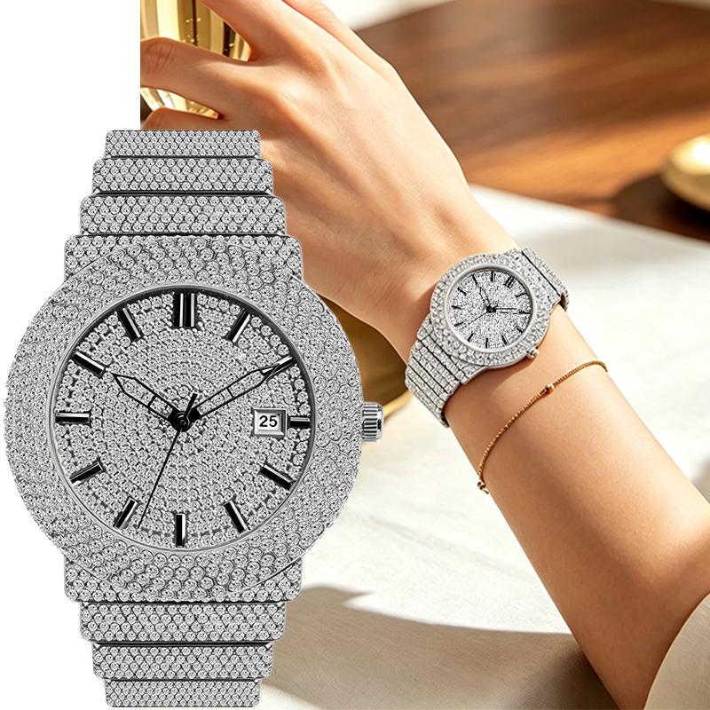 Damen Strass Uhren Hip Hop Stil Diamantbesetzte Quarz Armbanduhr Wasserdichte Schmuckuhr für Sie