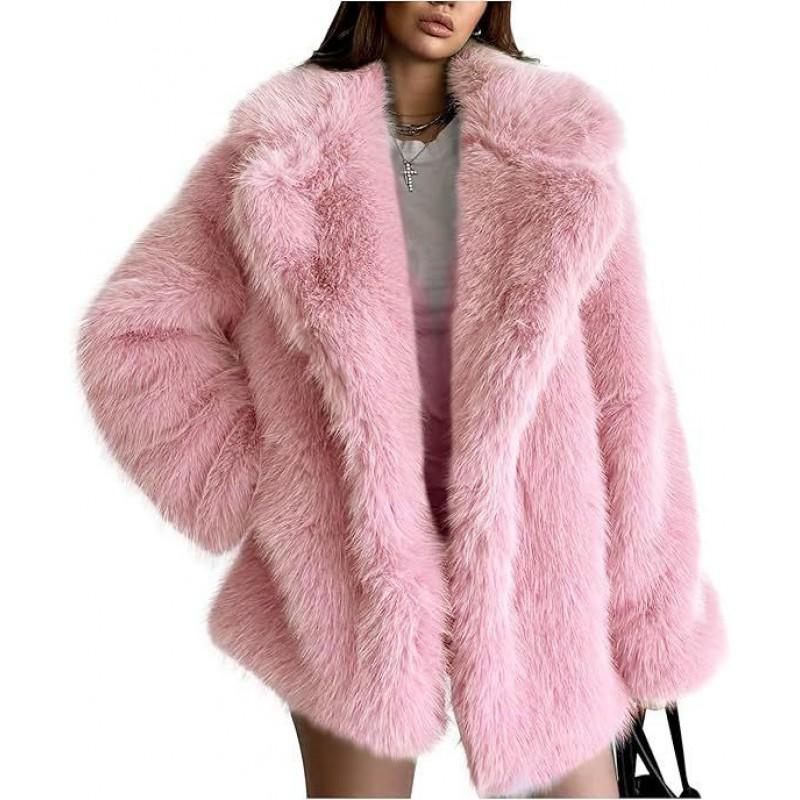 Womens Mid-Length Faux Fur Coat Blazer Collar Thick Warm Winter Outerwear