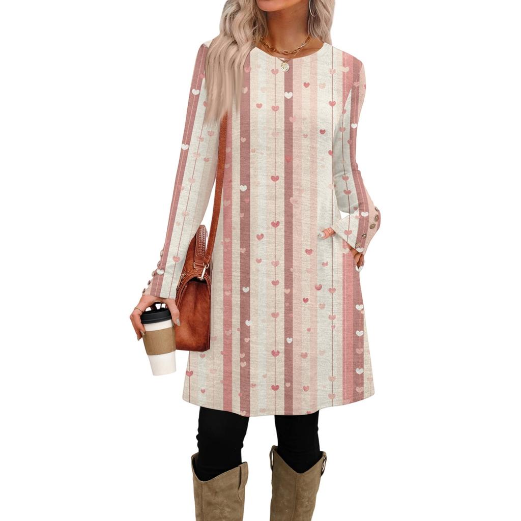 Women's Fashion Casual Pocket Decorative Button Dress Round Neck Long Sleeve Printed Dress