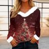 Top casual alla moda da donna a maniche lunghe con stampa natalizia e colletto in flanella