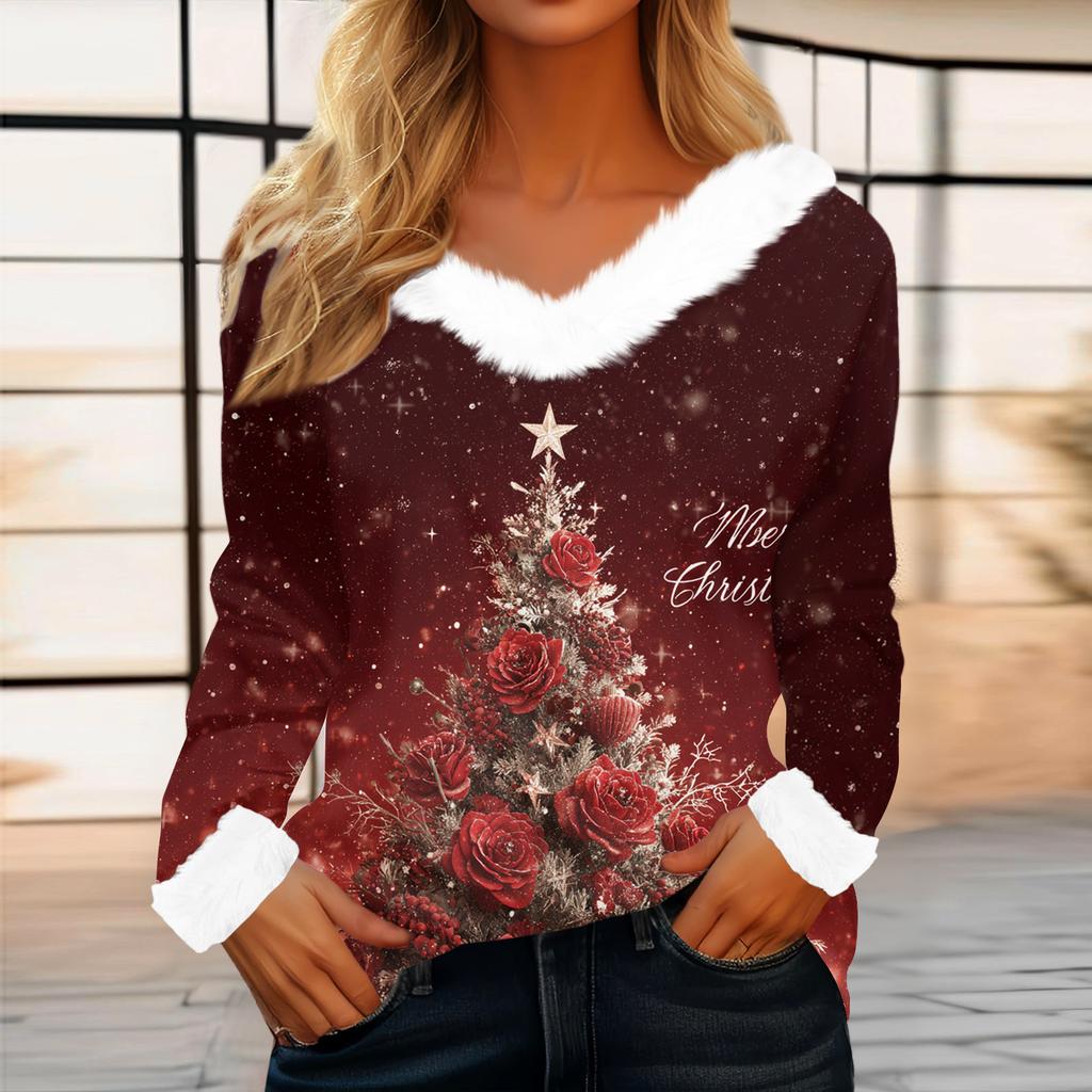Top casual alla moda da donna a maniche lunghe con stampa natalizia e colletto in flanella