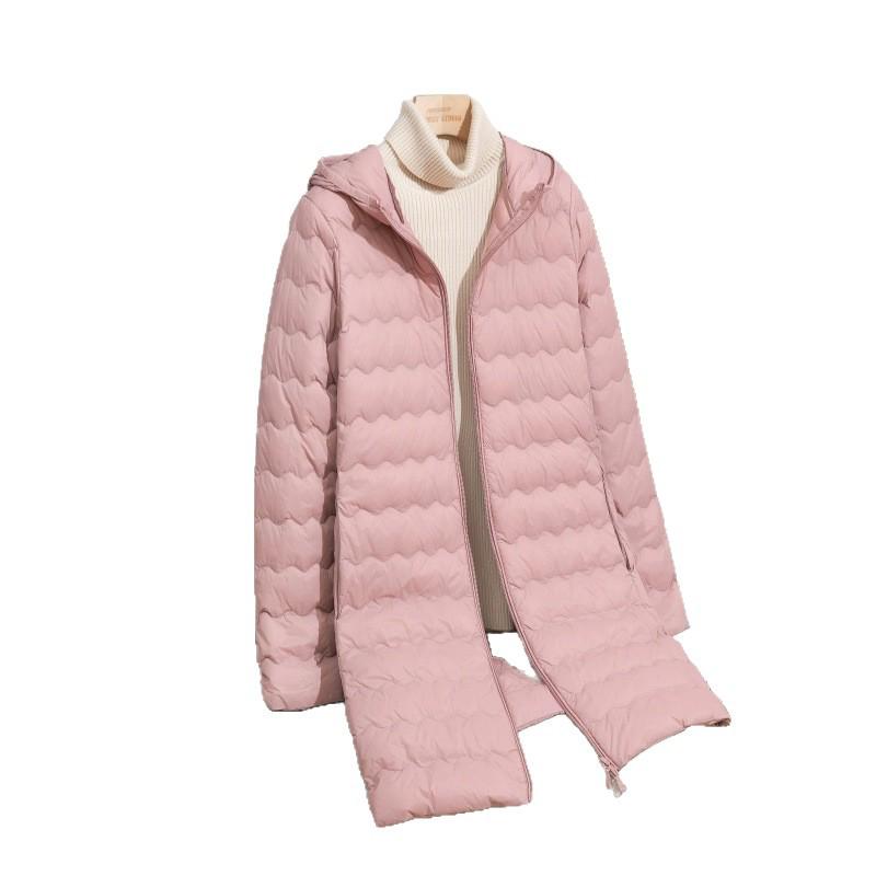 2025 Herbst/Winter Mittellange Kapuzen-Daunenjacke mit Wellenmuster - Leichte Koreanischer Stil Locker-Schlankmachende Oberbekleidung für Mütter