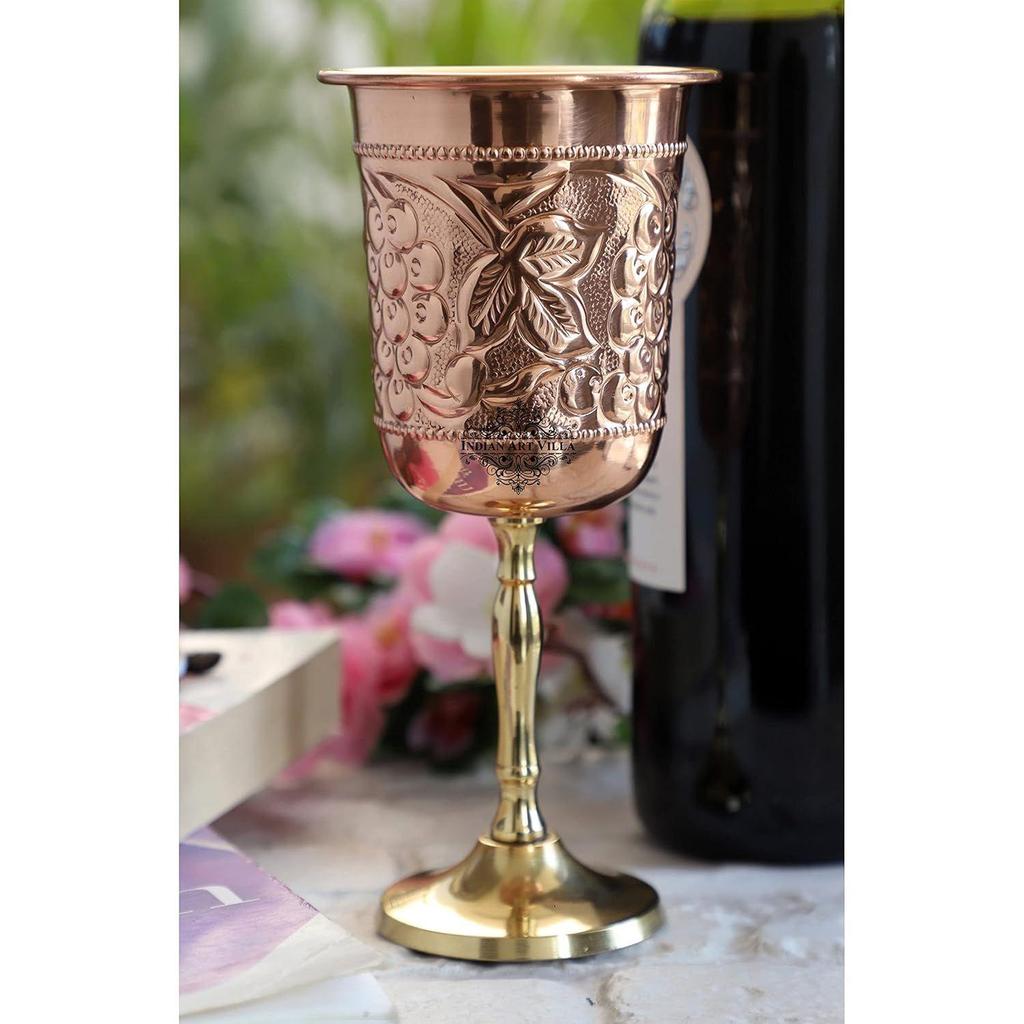 Pure Copper Wine Glass with Grape Vines Embossed Design & Brass Bottom, Serving Drinking Wine Cocktail Bar Hotel Restaurant, Volume-300 ML Pack of - 2