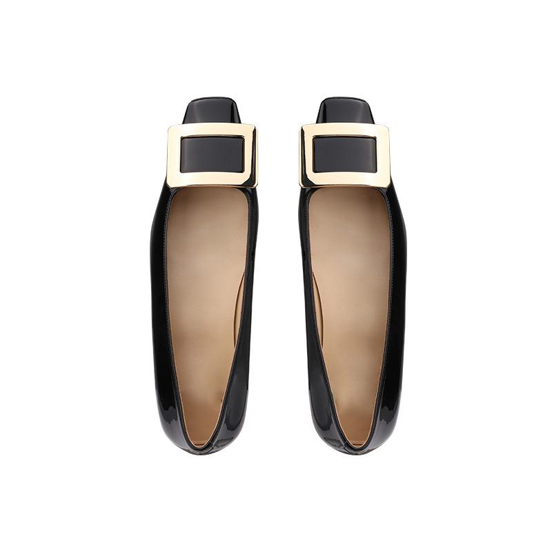 Small thick heel shallow mouth square head flat sole shoes femininity versatile grape mother French elegant metal square buckle high heels