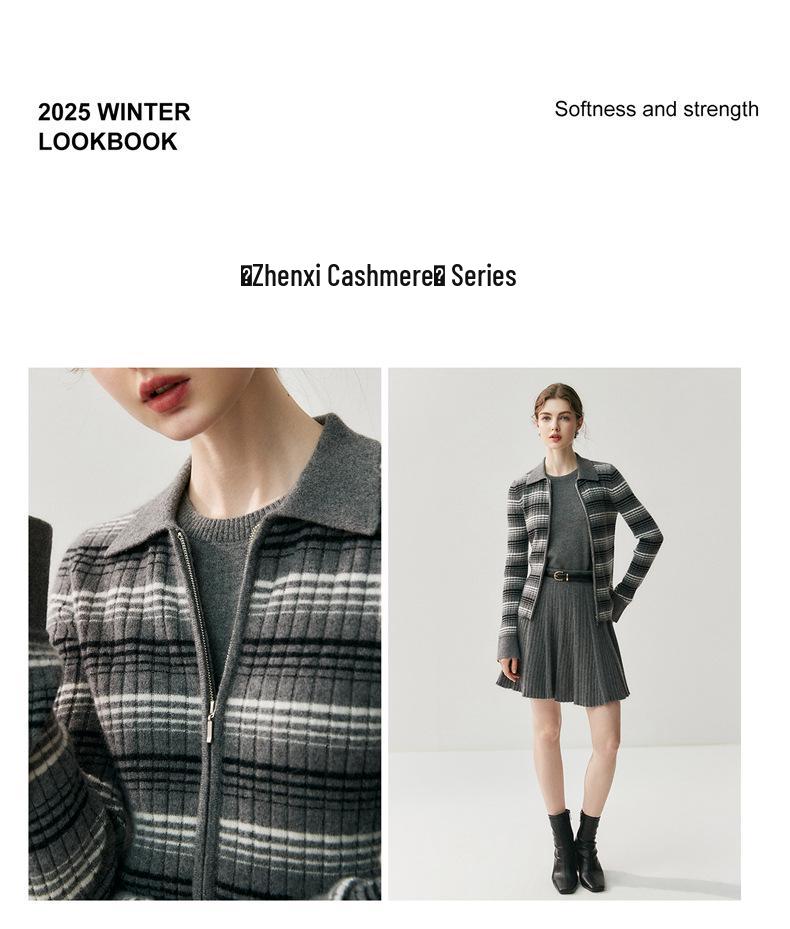 2025 Autumn/Winter Color Block Striped Slim-Fit Zip-Up Polo Cardigan Sweater