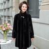 Women's Mid-Length Black Faux Fur Coat Stand Collar Button-Up Warm Winter Overcoat