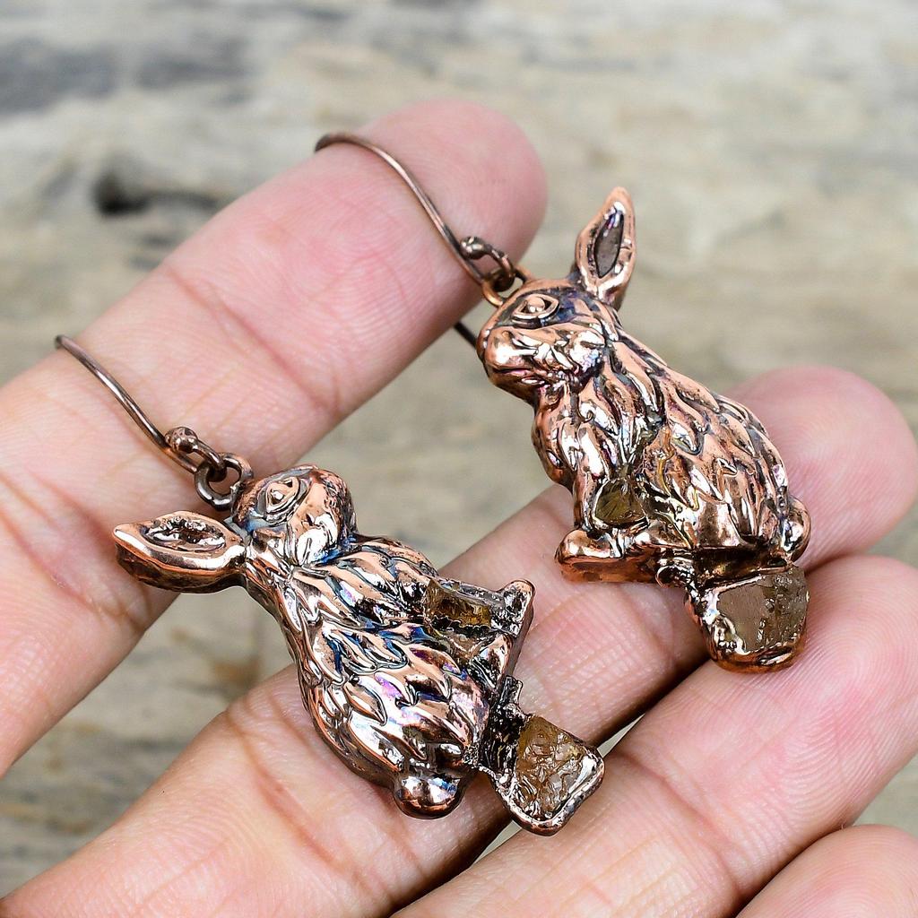 Citrine Rough Earring Electroformed Copper Earrings Handmade Rabbit Earring Gemstone Jewelry Unique Copper Jewelry Dangle Earring for Gifts
