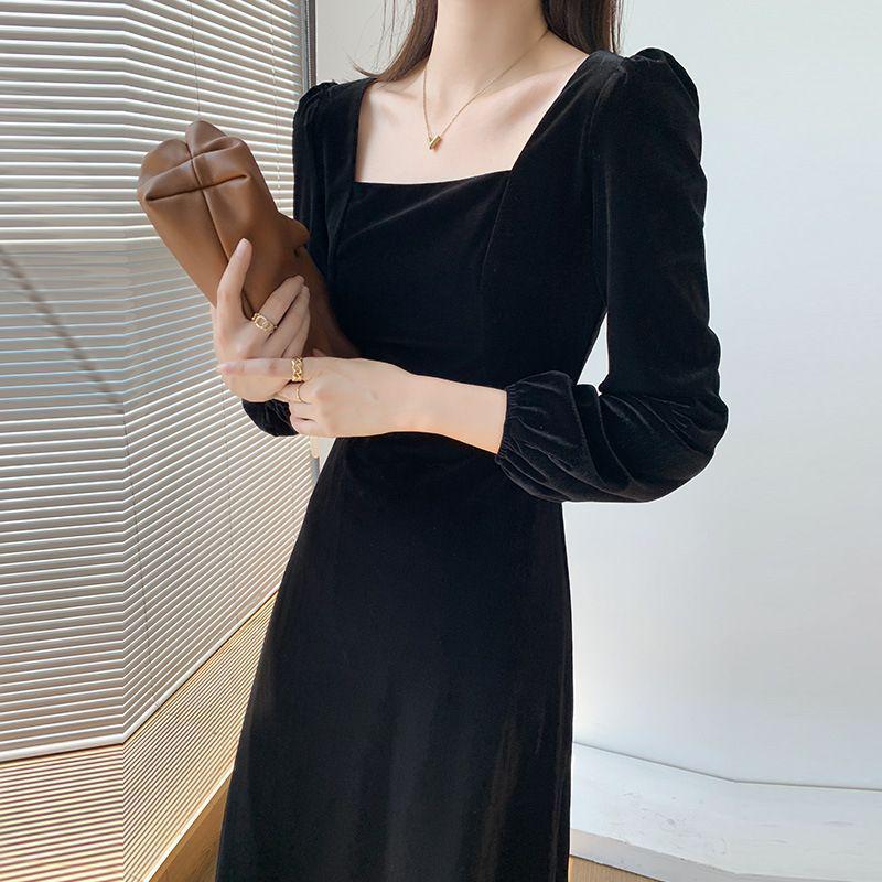 Women's Long Sleeve Velvet Dress: Autumn/Winter, French Retro A-line, Waist-Cinching, Square Neck, Hepburn Style Little Black Dress