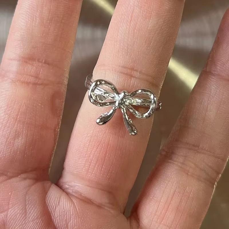 Kpop Y2K Romantic Lovely Silver Color Bow Heart Irregular Geometry Open Finger Rings For Women Grunge EMO Jewelry Accessories