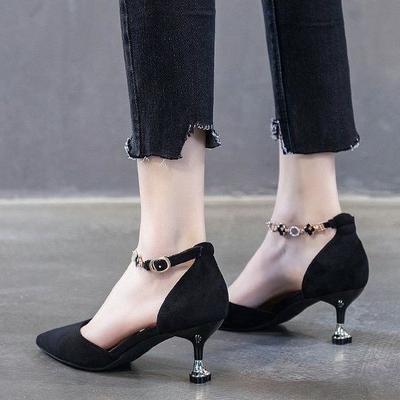 Nude 5cm High Heels Women's Thin Heels 2025 Spring and Autumn New Mid-heel One-word Buckle Hollow Sandals Low-heeled Single Shoes Women