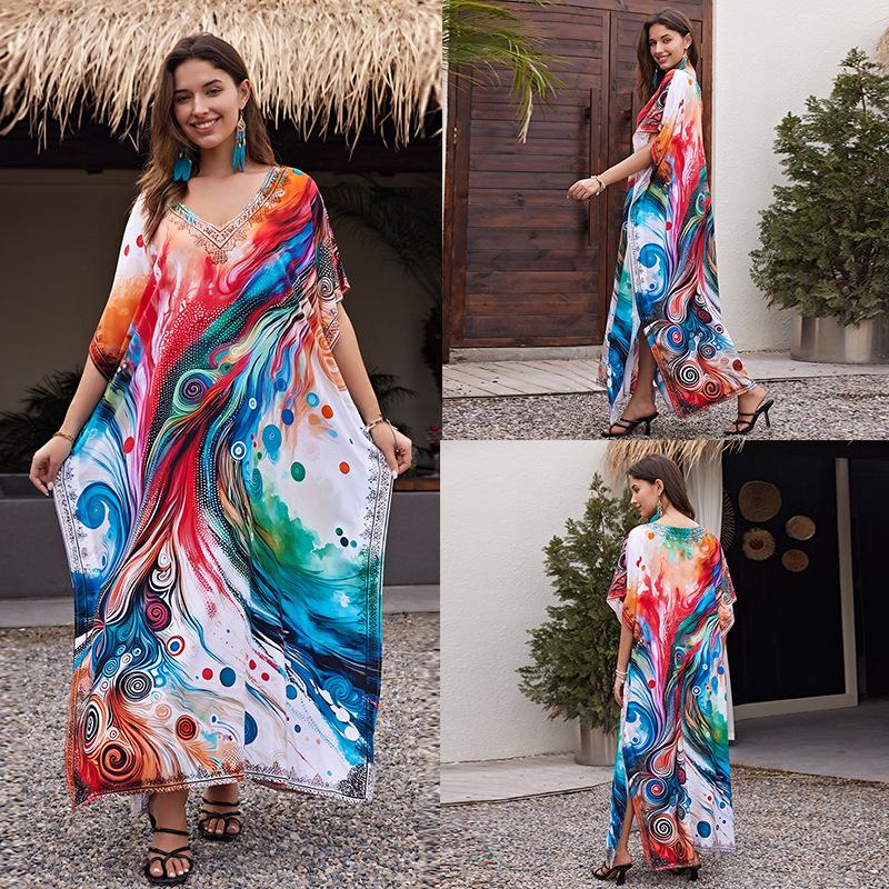 European-American Cotton Tie-Dye Beach Dress: Loose Robe & Bikini Cover-Up