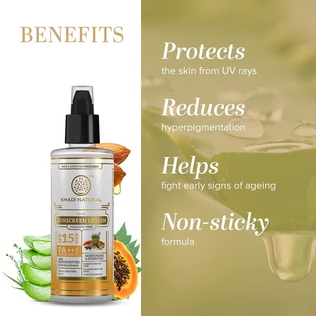 KHADI NATURAL Crema Solare SPF 15 PA++ Lozione 100 ml Per Pelli Grasse Senza Effetto Bianco Non Appiccicosa Senza Parabeni Cura Solare Quotidiana