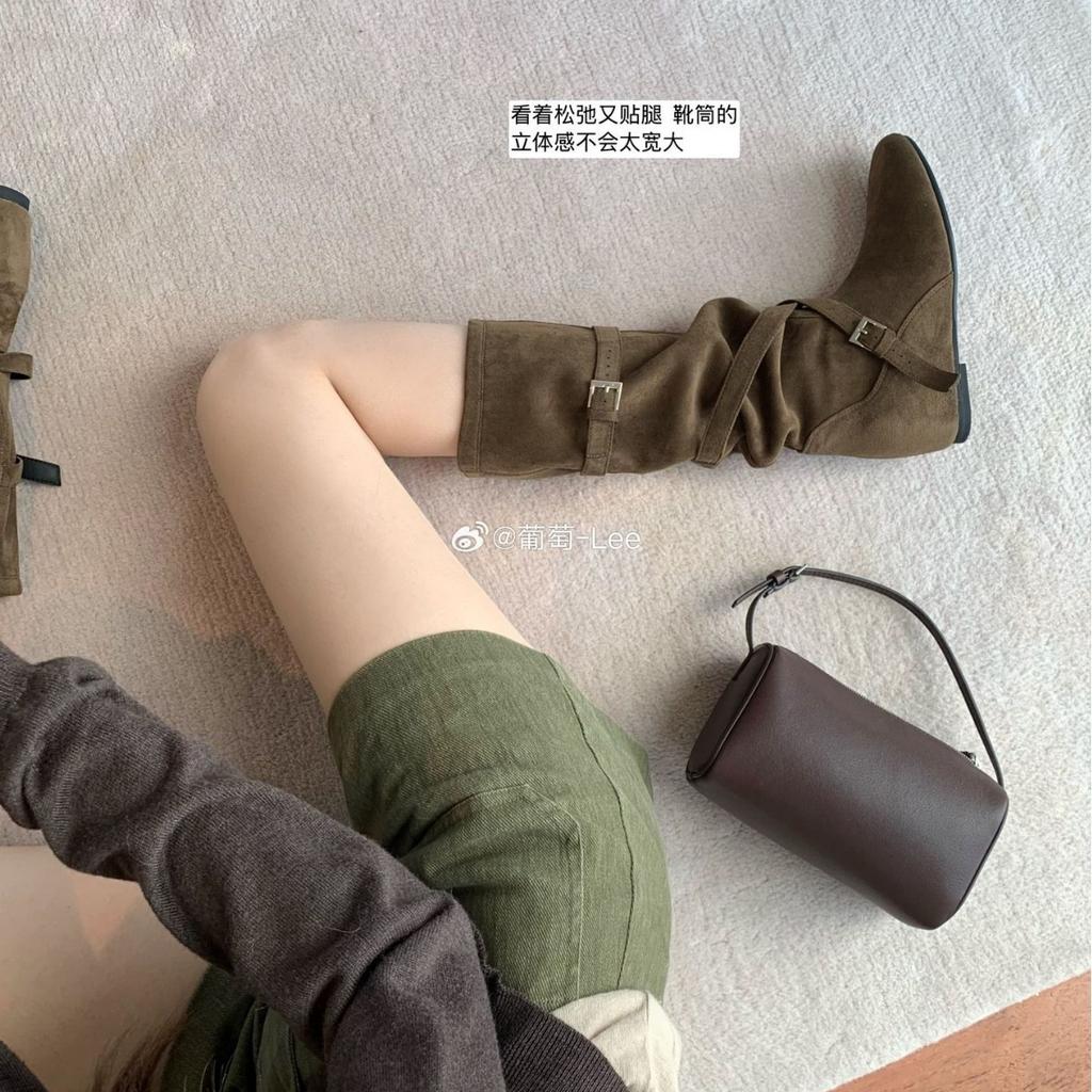 Height increase of 6cm~ 2025 autumn and winter new Korean knight boots round head buckle with soft folds and thin high boots for women