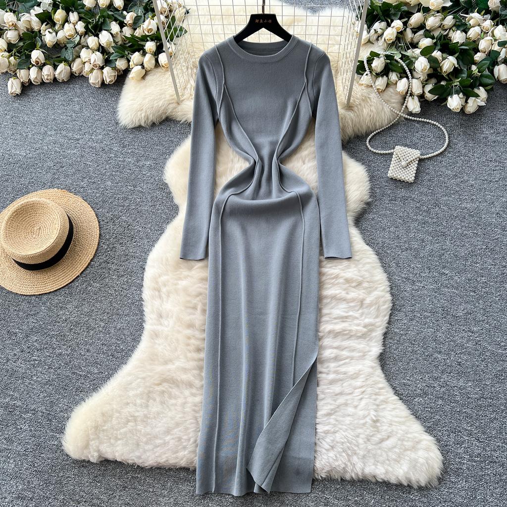 Split Slim Waist Dress for Women Autumn 2025 French Slim Fit and Slimming Elegant Knitted Bodycorn Dresses