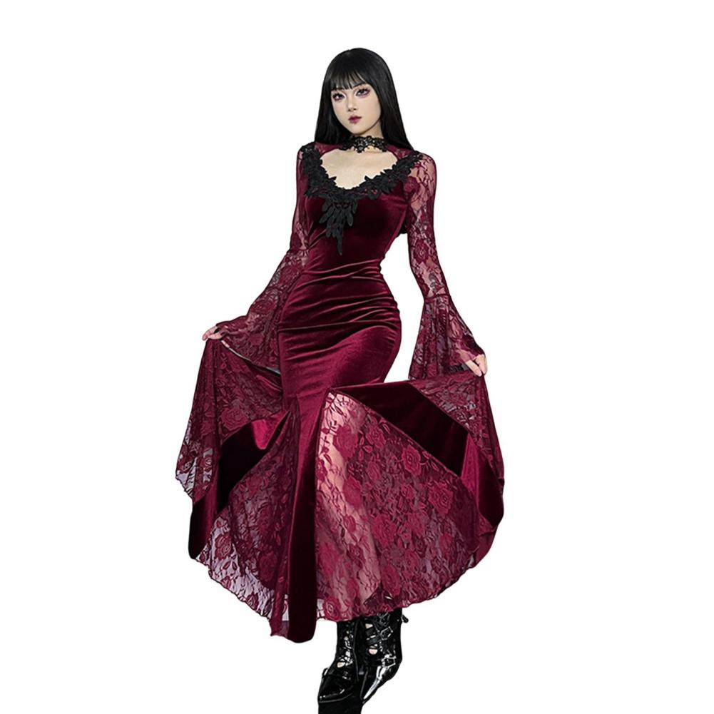 Women Cosplay Dress Dark Style Halloween Party Costume Lace Patchwork Flower Embroidery Fish Tail Hem Long Sleeves Tight Waist A