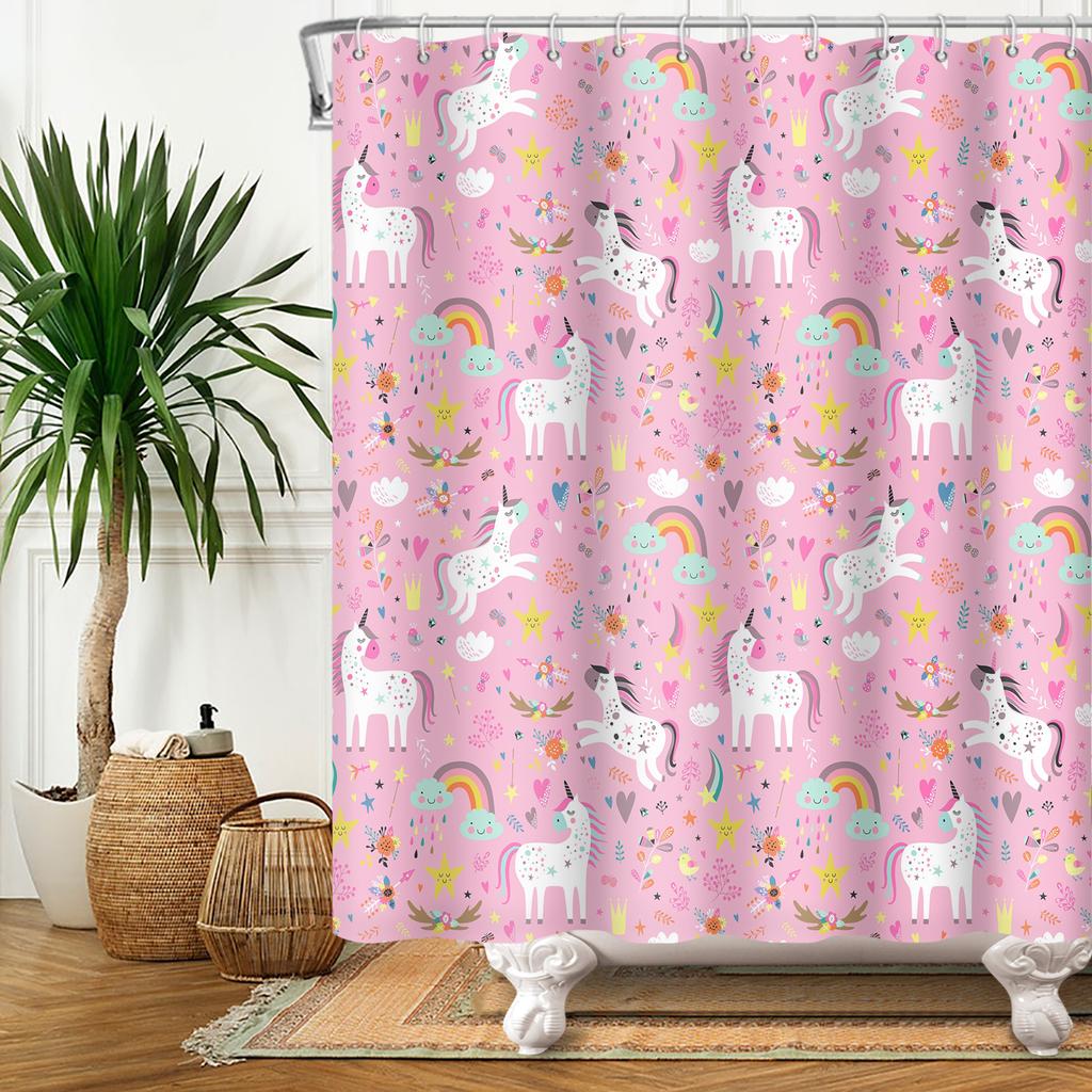 Cartoon Shower Curtain for Bathroom Kids Rainbow Cloud Sun Stars Flower Unicorn Cute Animals Waterproof Bath Curtain Home Decor