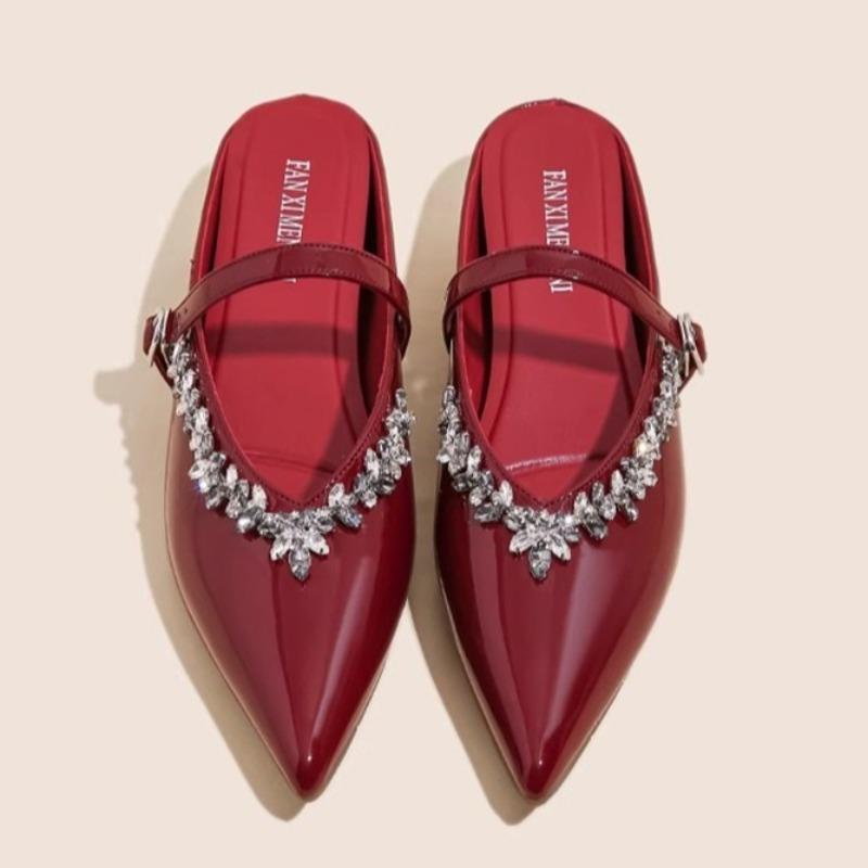 

Fashion Heightened Inside Pointed Toe Outside Wear Half Slippers One Strap French Rhinestone Versatile Flat Single Shoes for Women 40