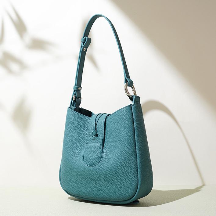 Women's Litchi Grain Genuine Leather Bucket Bag, Soft Minimalist Commute Handbag with Adjustable Strap, Shoulder, Crossbody & Underarm Bag
