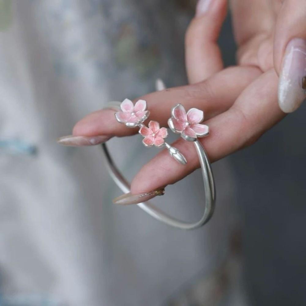 Sweet Pink Cherry Blossom Ring Drop Oil Design Flower Bracelet Fashion Open Adjustable Ring Party