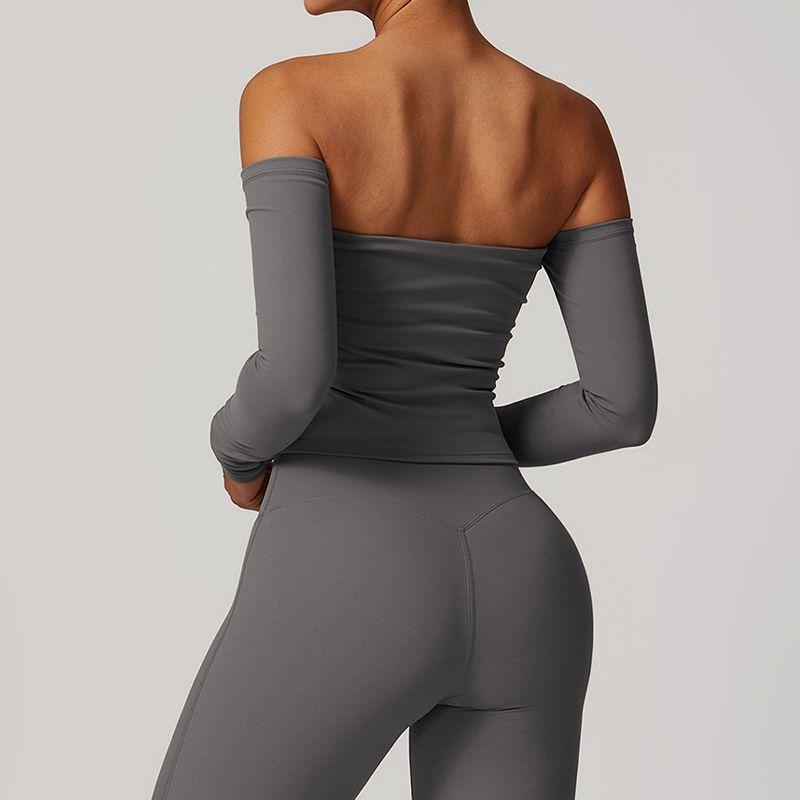 

Fashion off-Shoulder Yoga Clothes Women s Long Sleeve Fancy with Chest Pad Tight Running Belt Chest Pad Sports Fitness Top Free Gray XL