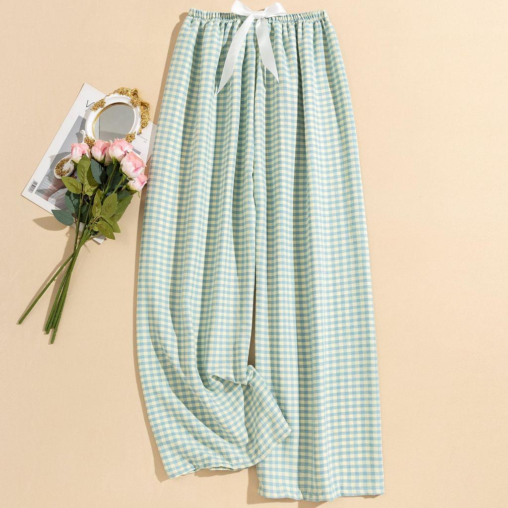 Women's Summer Plaid Wide-Leg Cotton Pajama Pants - Yarn-Dyed, Plus Size, Suitable for Outdoor Wear