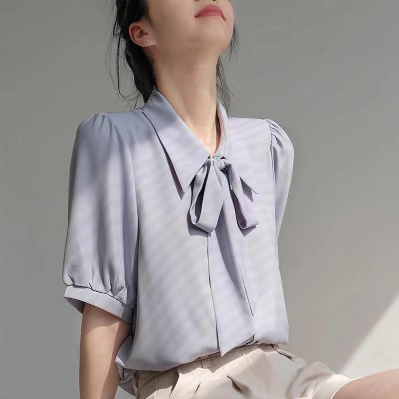 Pink streamer chiffon short-sleeved shirt women's summer thin Korean gentle and sweet foreign style drape niche Hong Kong style shirt
