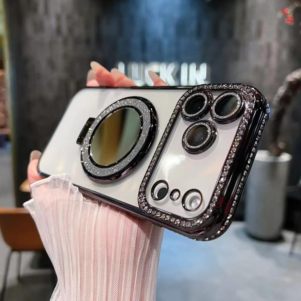 Electroplated rhinestone edge, suitable for iPhone18PROMAX mobile phone case, makeup mirror bracket, Apple 17 transparent soft cover 13.