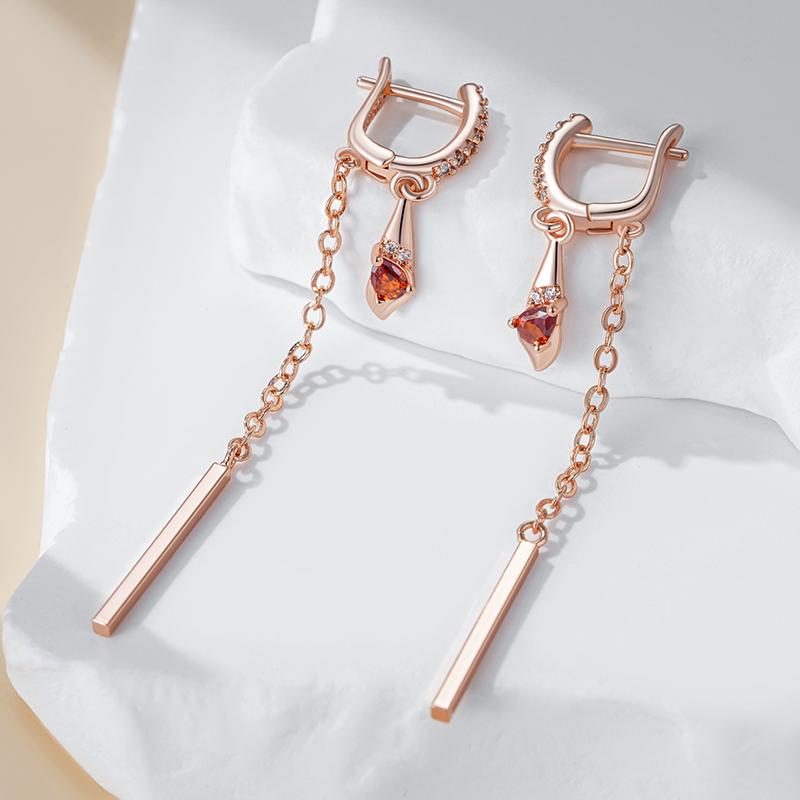 Trend Long Tassel Dangle Earrings For Women Fashion  Rose Gold Color With Red Natural Zircon Fine Daily Jewelry