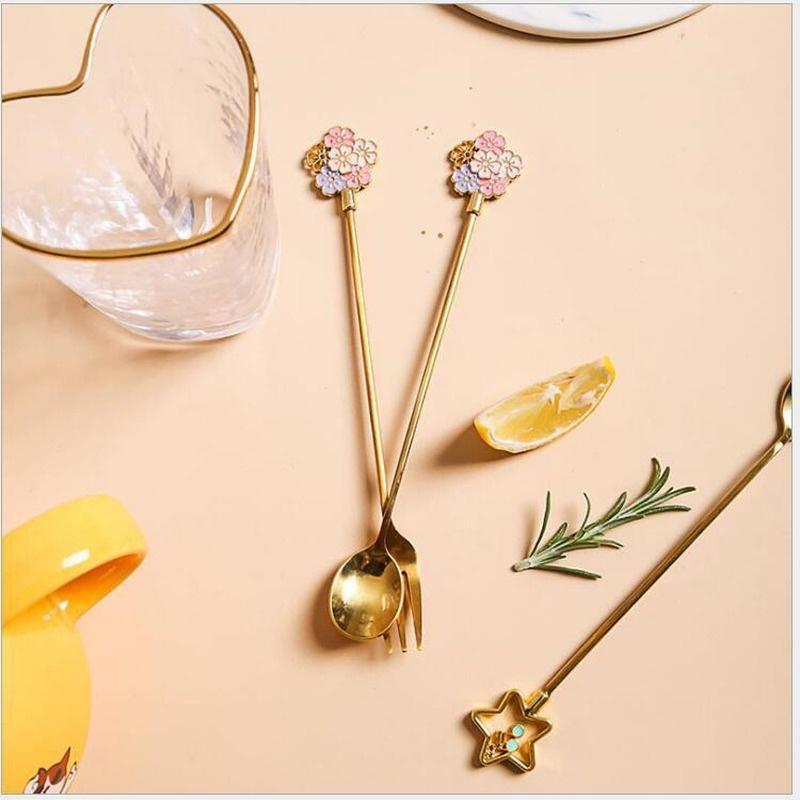1PCS Kitchen Coffee Tableware Cherry Blossom Spoon Fork Stainless Steel Coffee Spoon Kitchen Star Long Handle Stirring Spoons