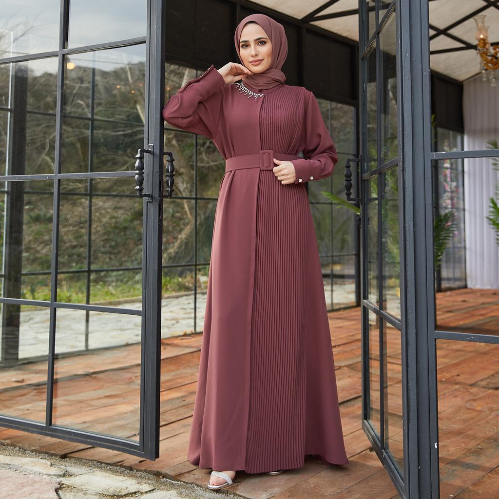 Plisowana sukienka z paskiem damska muzułmańska islamska długa Abaya
