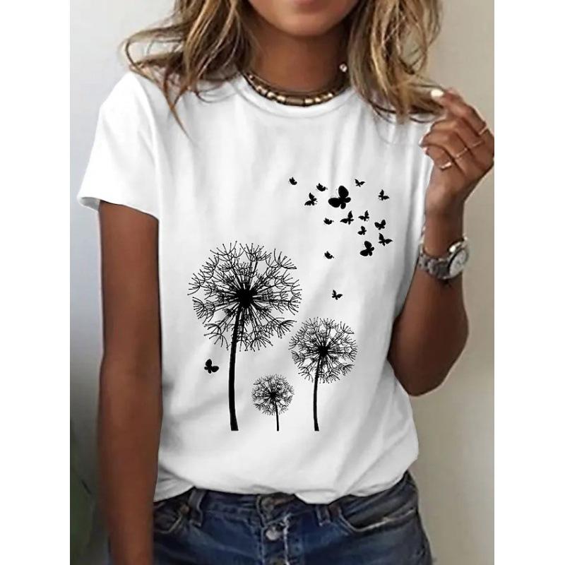 Women's T-shirt with flower print T-shirt top, girls' clothing, summer short sleeved T-shirt, V-neck casual holiday women's T-shirt