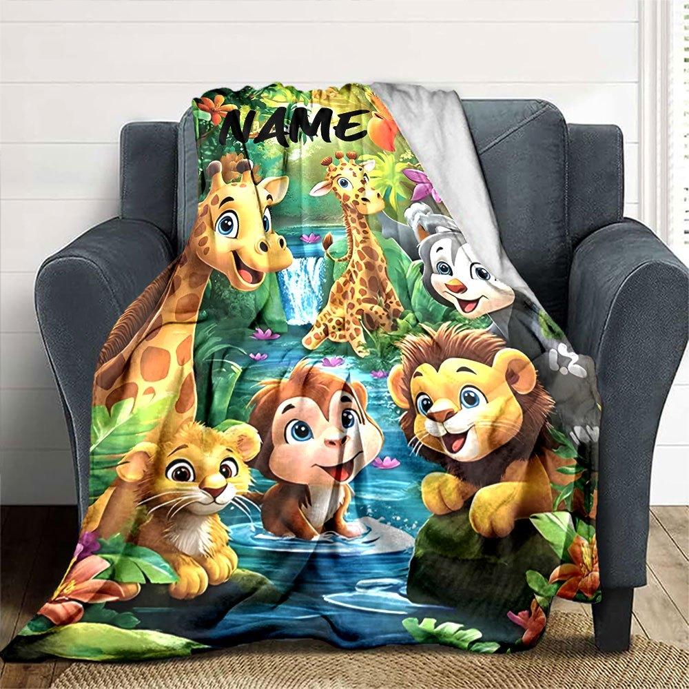 Cartoon Jungle Animals Customize Your Name Home Blankets Soft Cozy Lightweight Versatile For All Seasons Perfect For Picnics Sofa Office Bed Living