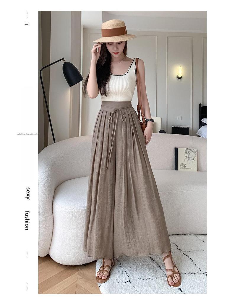 Women's Summer 2024 High-Waist Drape Pants Skirt - Ice Silk & Cotton-Linen Blend with Elastic Waist and Straps