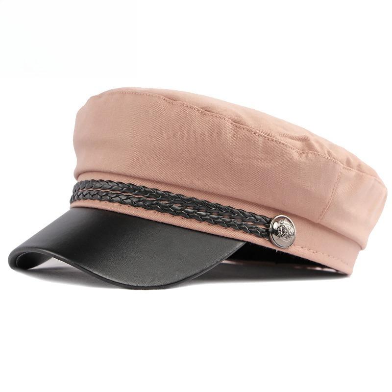 Women's PU Leather Visor Military Cap Sailor Hat Flat Top Marine Cap Preppy Style Retro Baker Boy Cap Braided Rope Casual