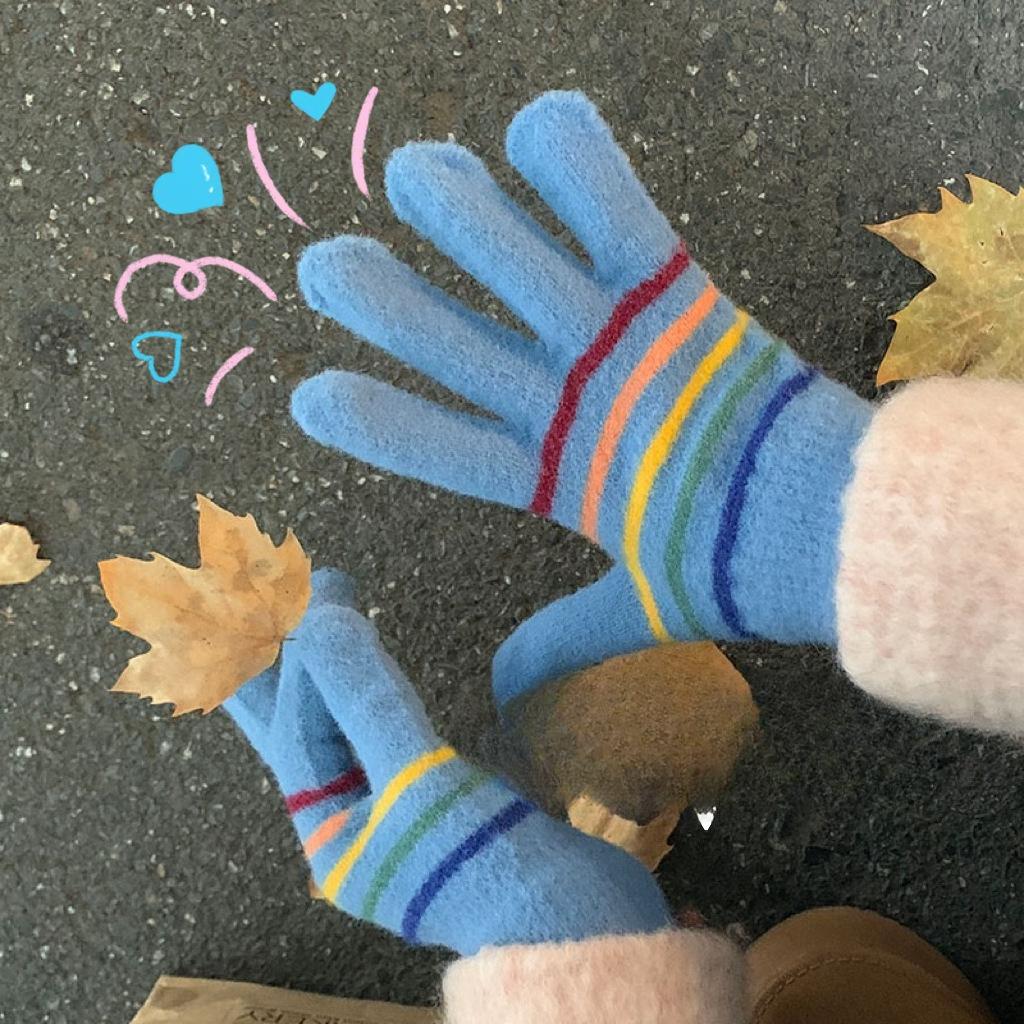 New Striped Five Finger All Inclusive Split Finger Gloves for Female Students In Winter Cycling Warm Windproof and Touch Screen Ski Gloves